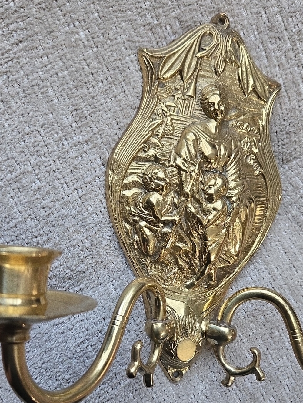Vintage Brass Religious Wall Sconce Madonna And Baby Jesus, Child St John The Ba
